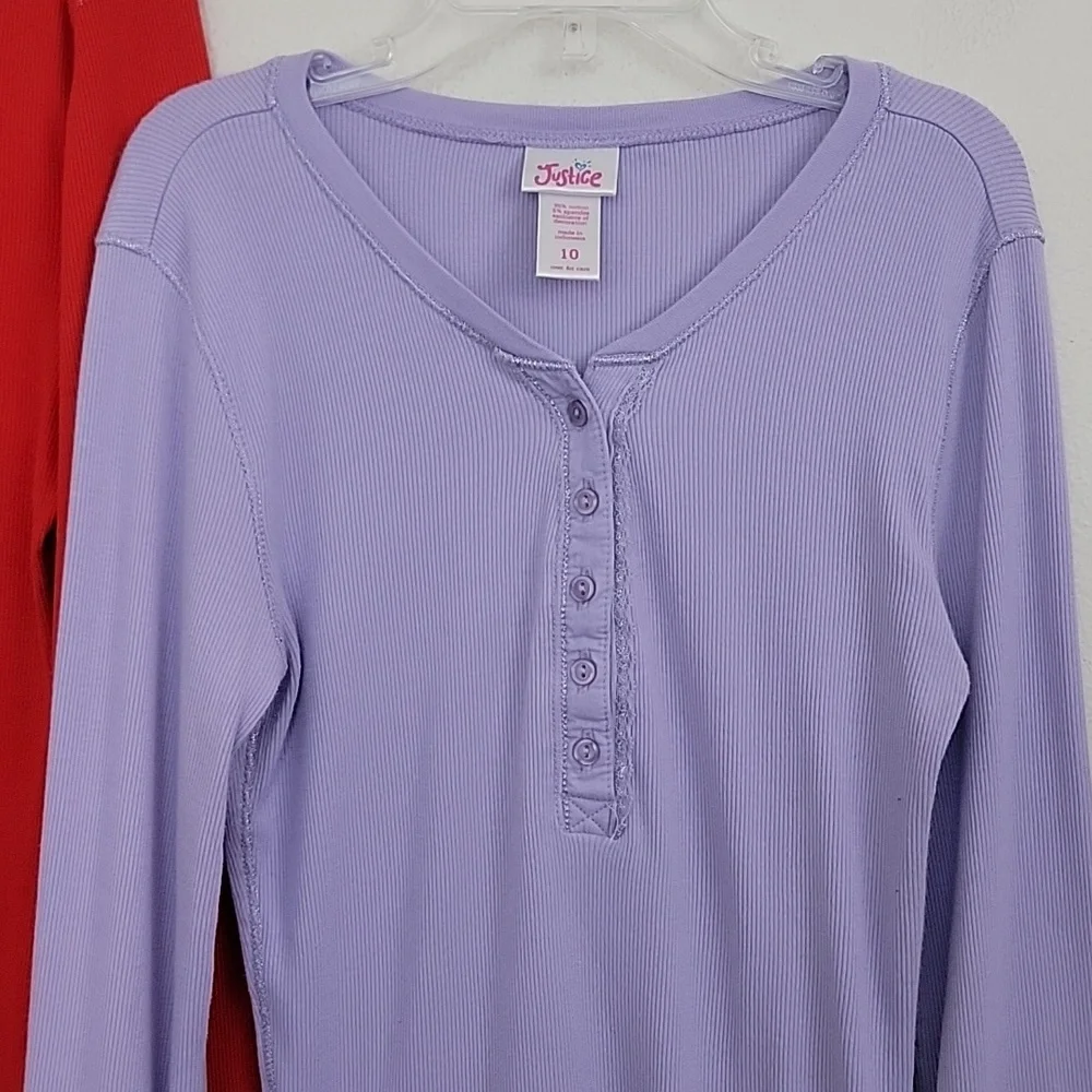 Justice LOT Of 2 Red & Purple Ribbed Fabric Long Sleeve Tops 10